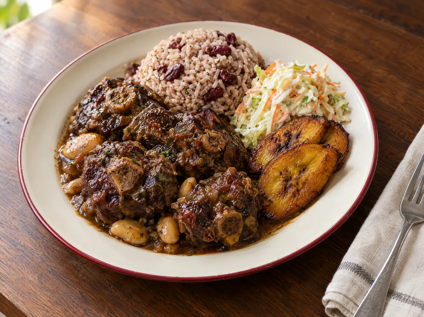 Oxtail, rice and peas, plantain and coleslaw on a restaurant plate