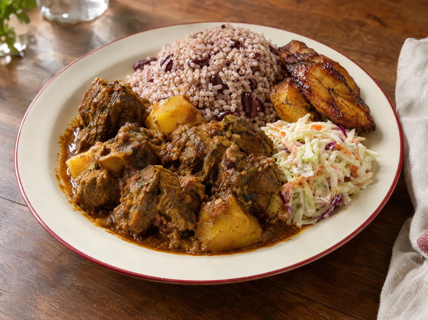 Curry goat dinner with rice and peas, plantain and coleslaw